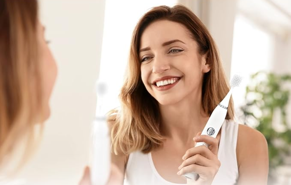 a model using big mouth toothbrush in white