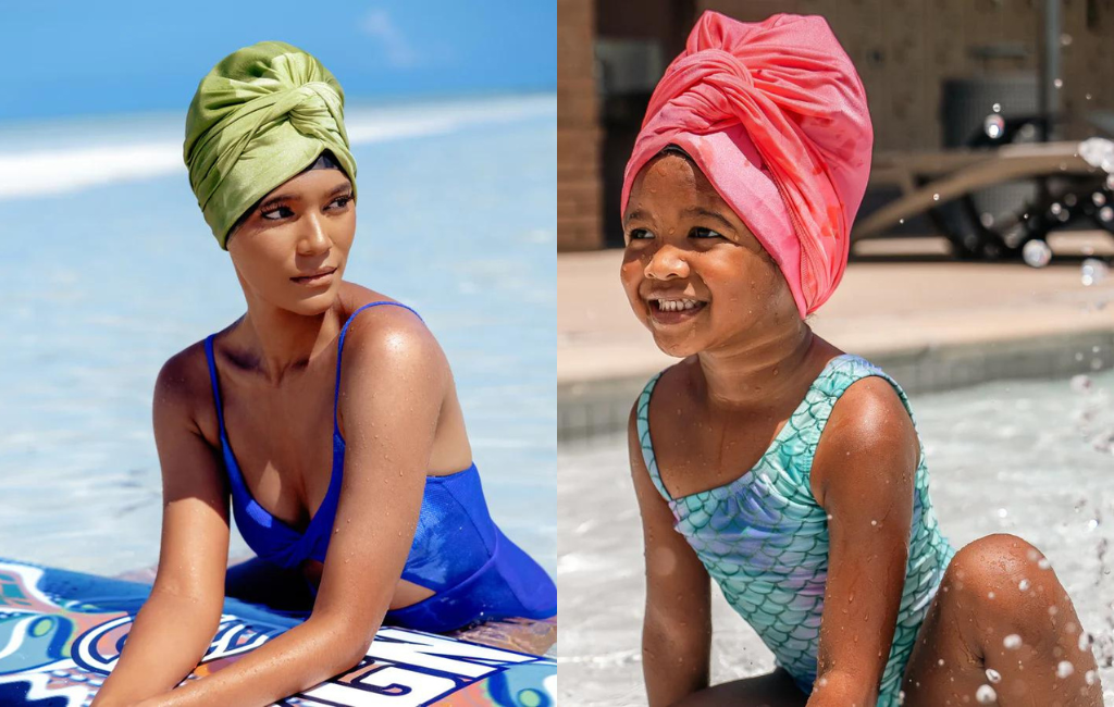 wearing you go natural head wrap while swimming