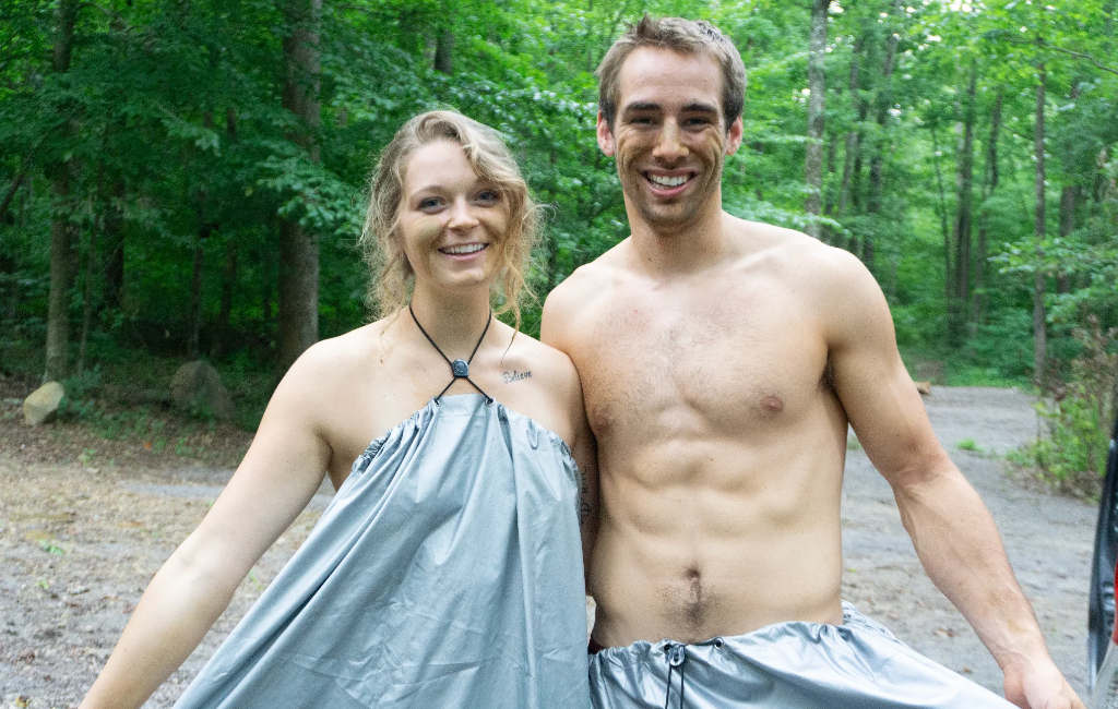 Couple in shower toga