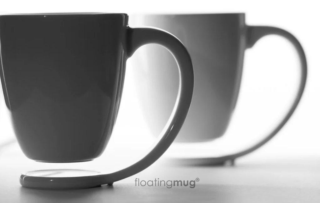 white floating mug