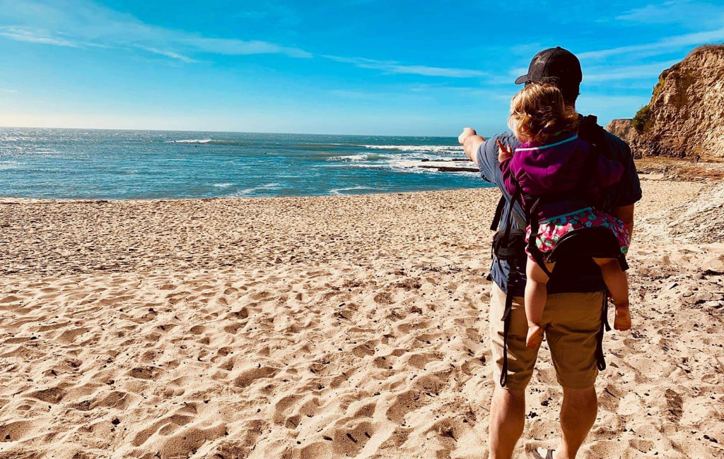 father and baby on beach